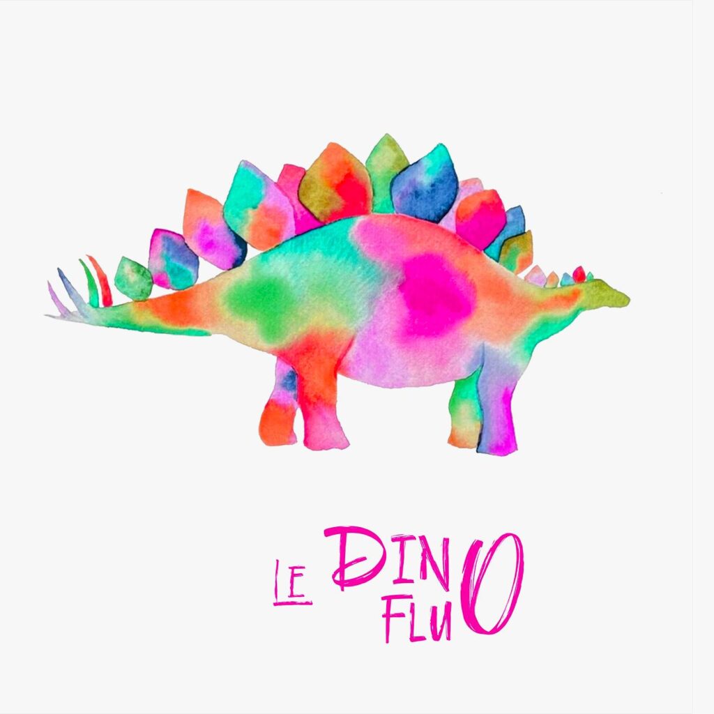 logo Le DIno FLuo, présentant un dinosaure en aquarelle fluo
